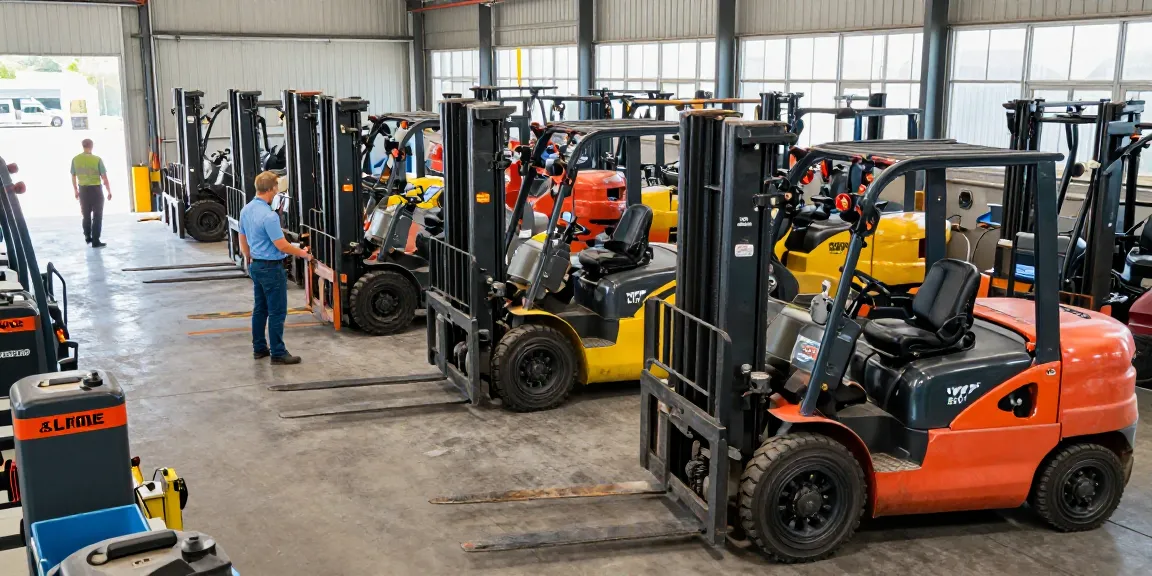 Gebrauchte Gabelstapler zu verkaufen: Gabelstapler gebraucht in einem geschäftigen Industrie-Magazin, das verschiedene Marken wie Linde und Jungheinrich zeigt.