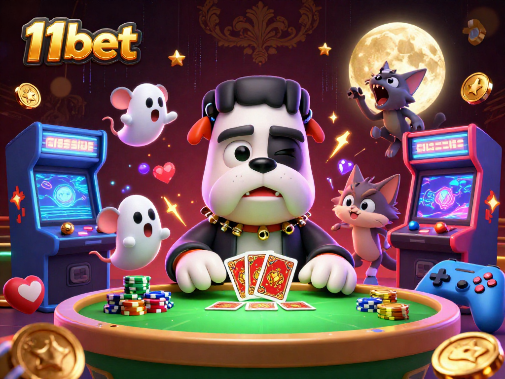 11bet gameplay showcasing a Frankenstein bulldog dealing cards with vibrant casino elements