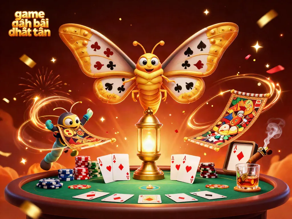 Experience game đánh bài đổi thưởng with a vibrant 3D casino scene showcasing poker elements and golden moths.
