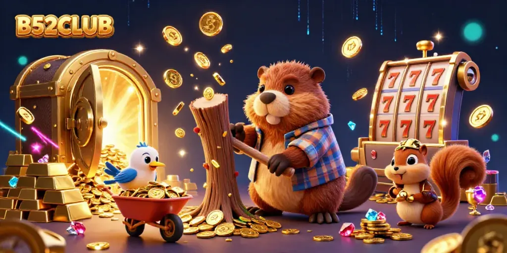 Experience thrilling moments with B52CLUB as the cartoon beaver collects golden coins and treasures.