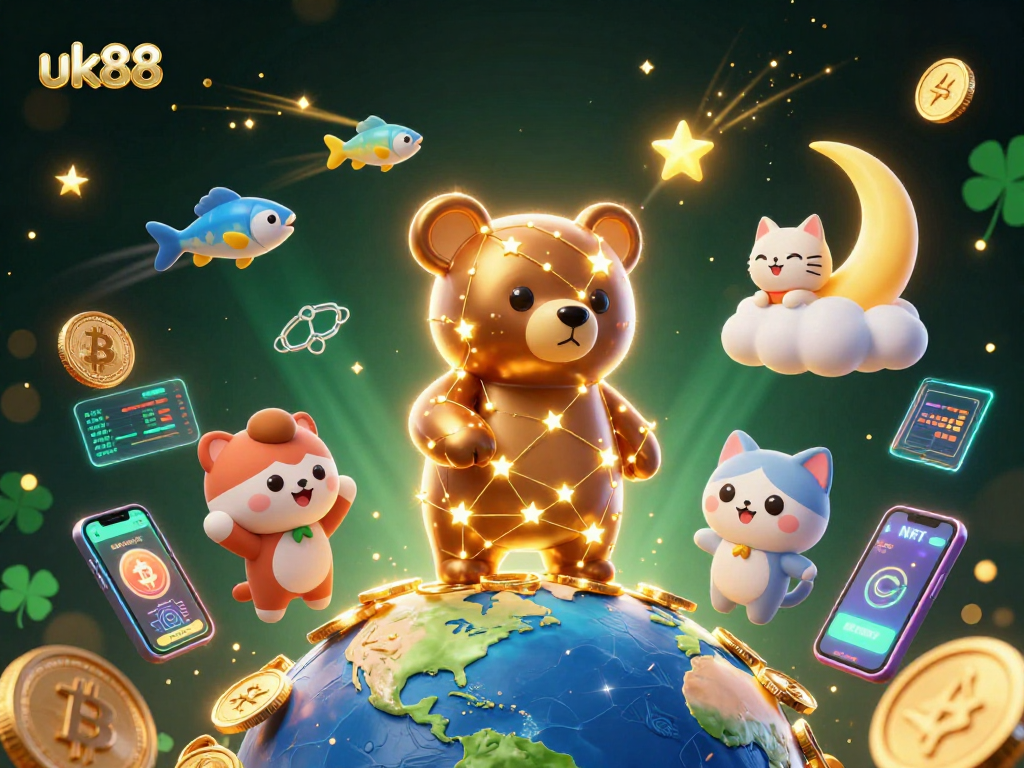 Play at uk88 with a constellation bear and night sky filled with coins and crypto elements.
