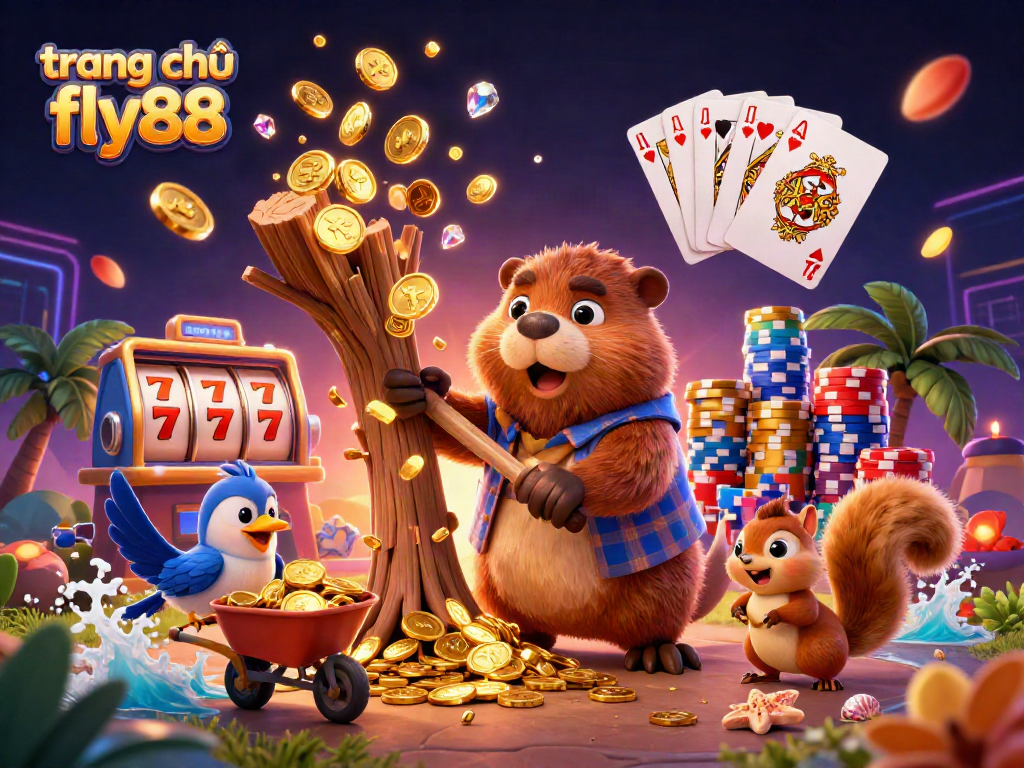 Spin gold prizes at trang chủ fly88 with cartoon beaver and friends collecting coins!