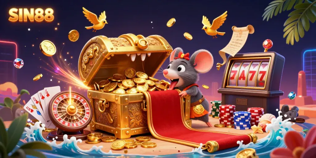 SIN88 offers an engaging 3D scene of a treasure chest and gaming elements generating excitement.