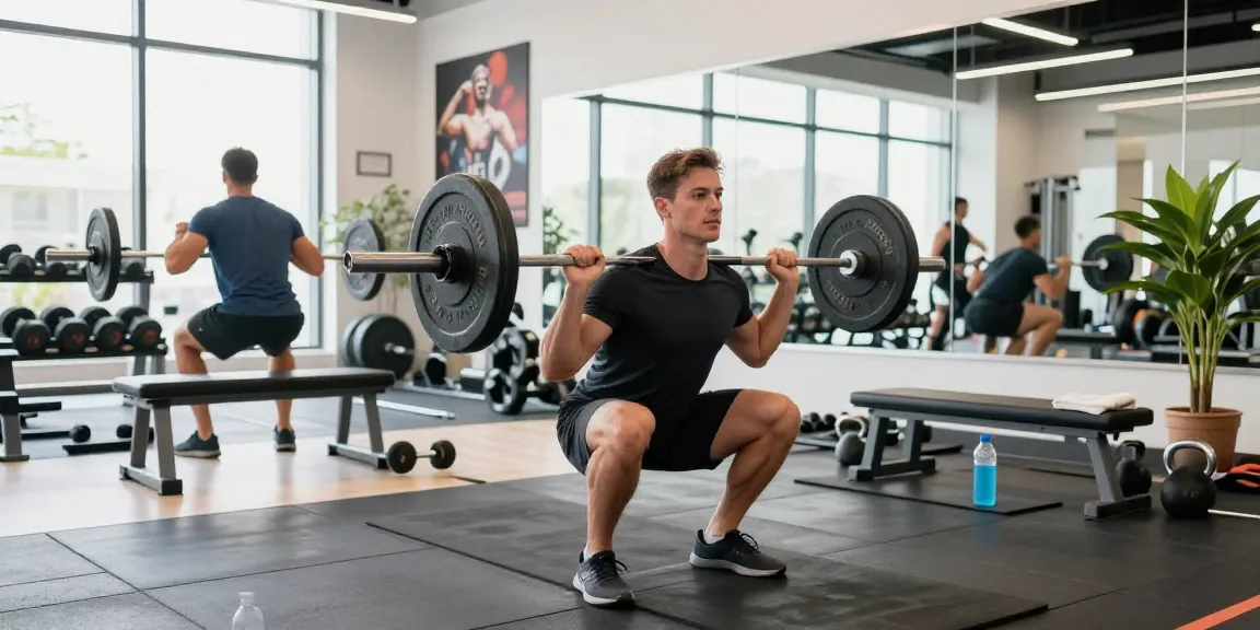 Professioneller Bodybuilder im Selliza Shop während des Trainings, moderne Fitnessstudio-Atmosphäre.