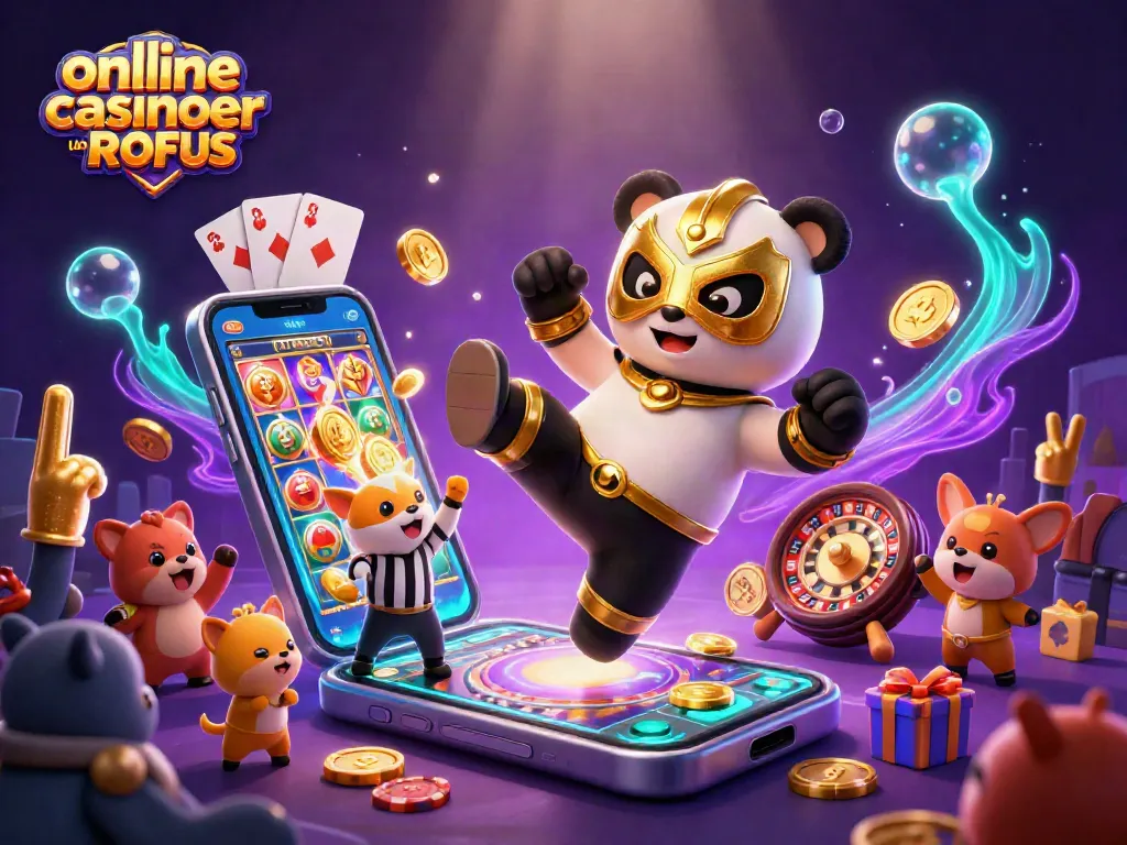 Experience online casinoer uden ROFUS with a wrestling panda delivering a kick in a vibrant casino scene.