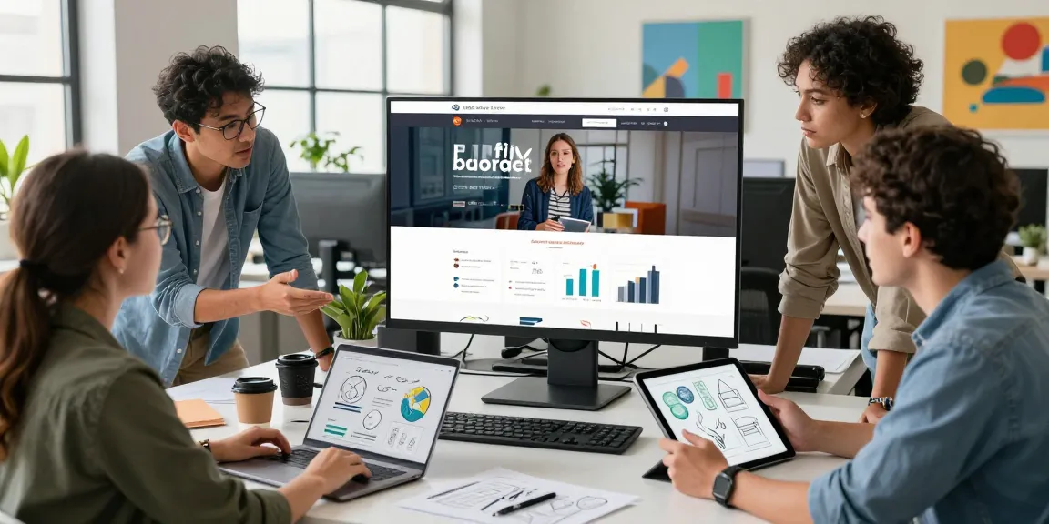 Geschäftliche Zusammenarbeit in einer Web Agentur, die innovative Designs und Teamarbeit in einem modernen Arbeitsplatz präsentiert.