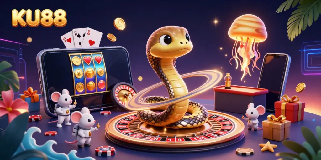 Experience the vibrant world of KU88 with animated characters and casino elements in a stunning cosmic scene.