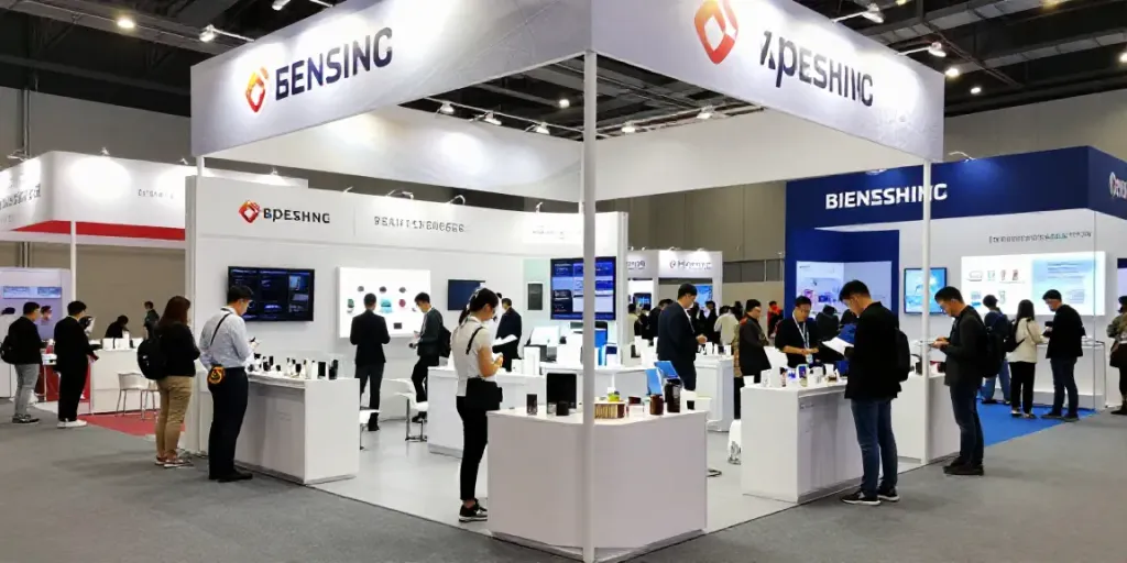 Expositores präsentieren innovative Produkte auf einer Messe mit dynamischer Atmosphäre.