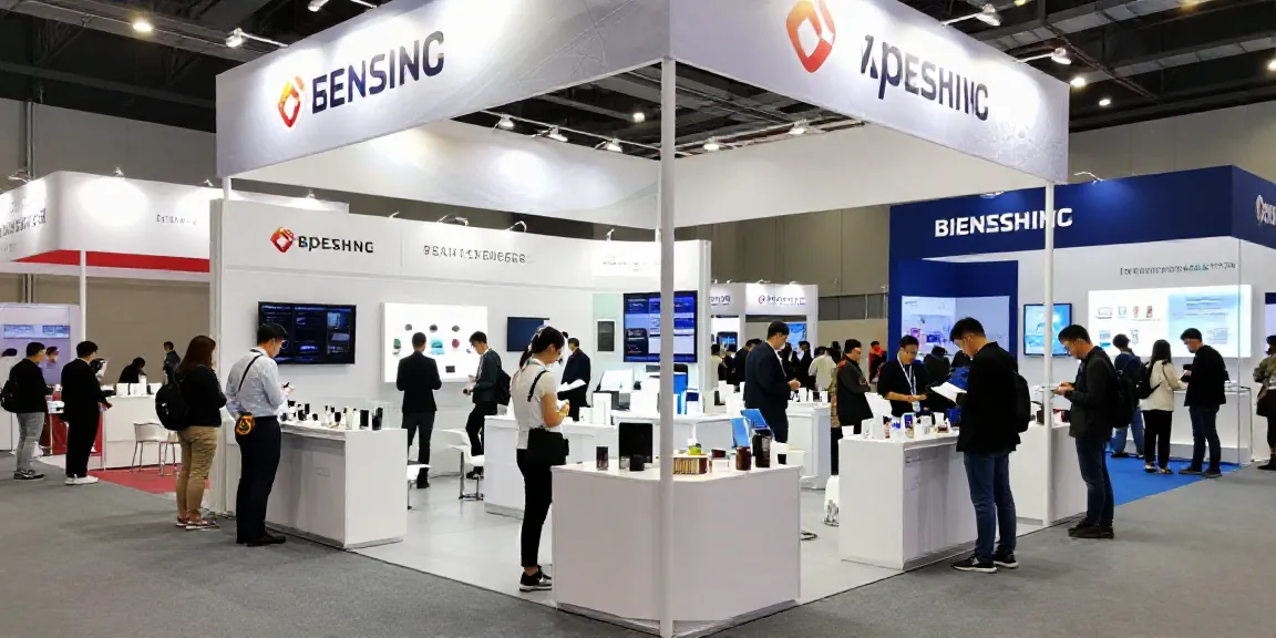 Expositores präsentieren innovative Produkte auf einer Messe mit dynamischer Atmosphäre.