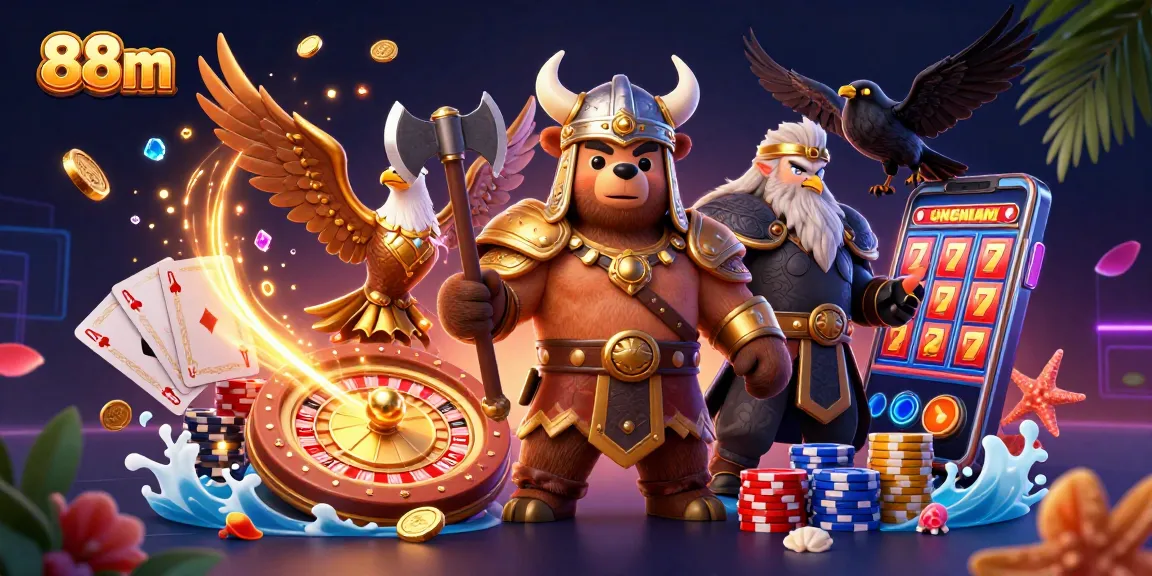 Experience thrilling play with 88m's immersive casino scene featuring a Viking bear and Valkyrie eagle.
