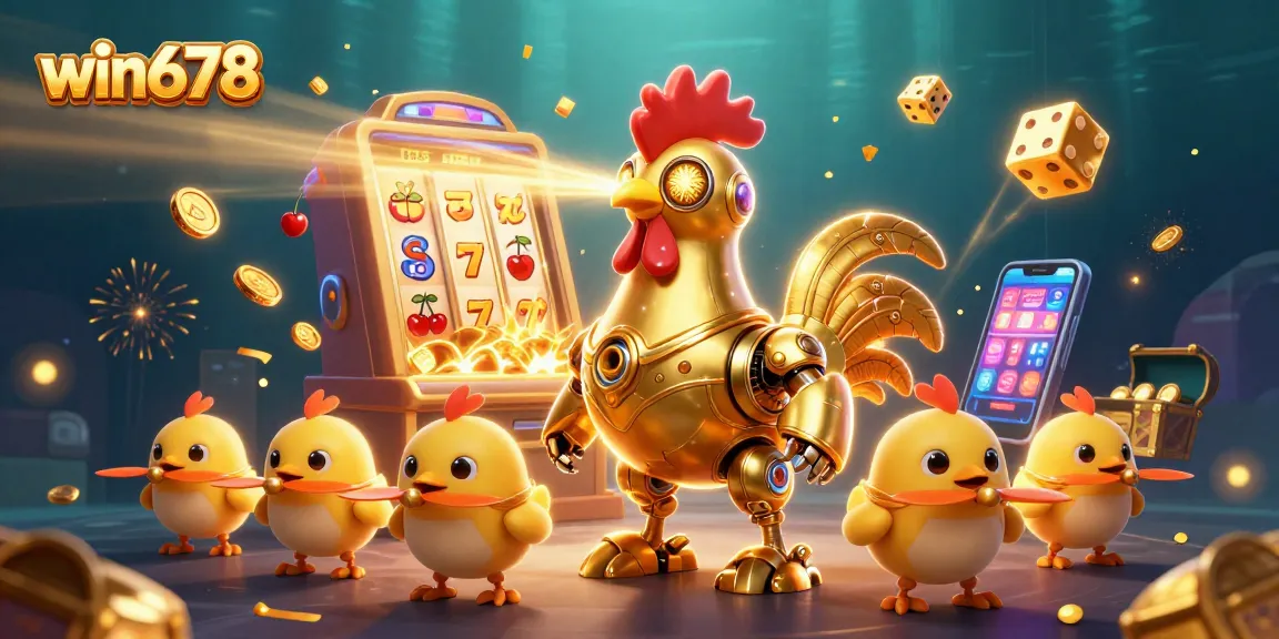 Win678 showcases a vibrant slot machine explosion and a futuristic rooster guiding players through exciting casino adventures.