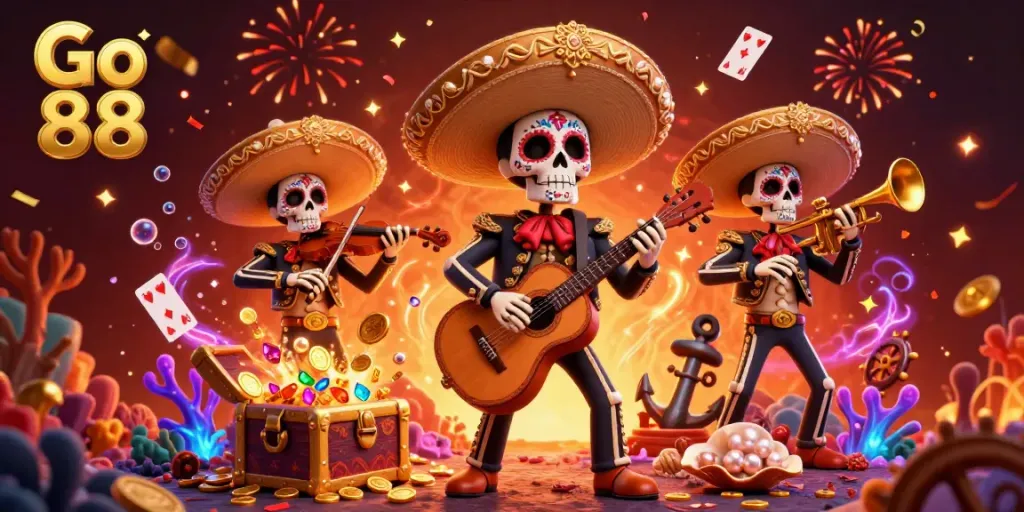Experience the vibrant energy of Go 88 through an energetic 3D illustration of mariachi musicians in a festive casino atmosphere.