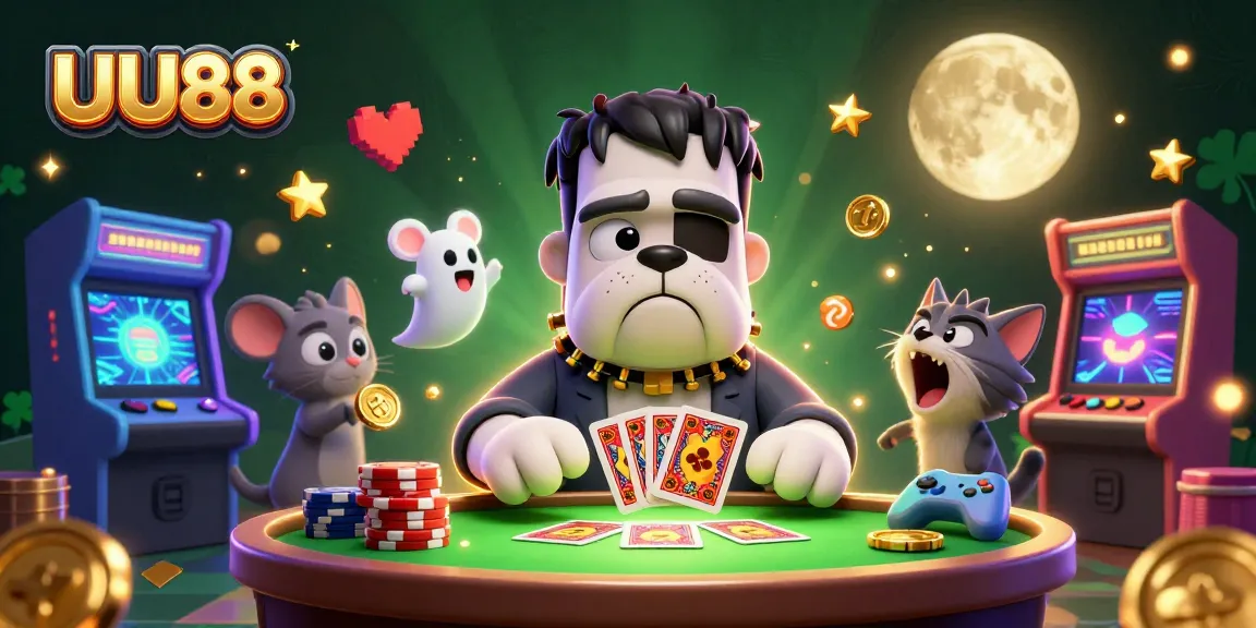 Join the fun at UU88 with cartoon characters in a vibrant casino-themed illustration.