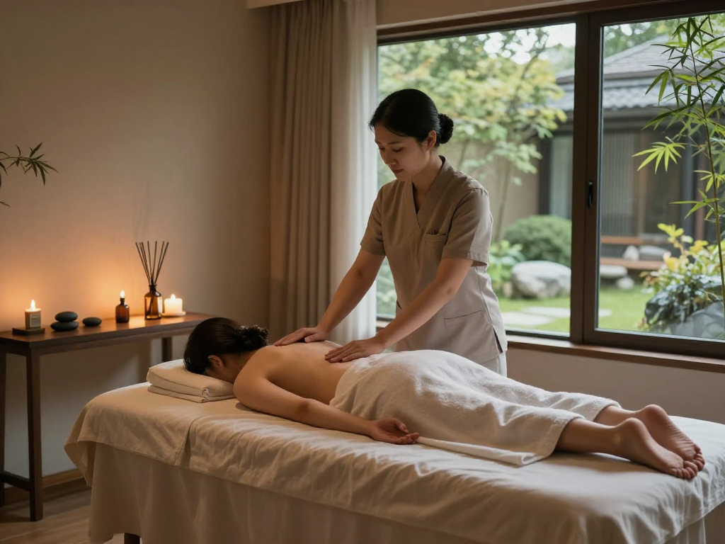 Healing 강동구출장마사지 experience in a serene massage therapy room with essential oils and calming decor.