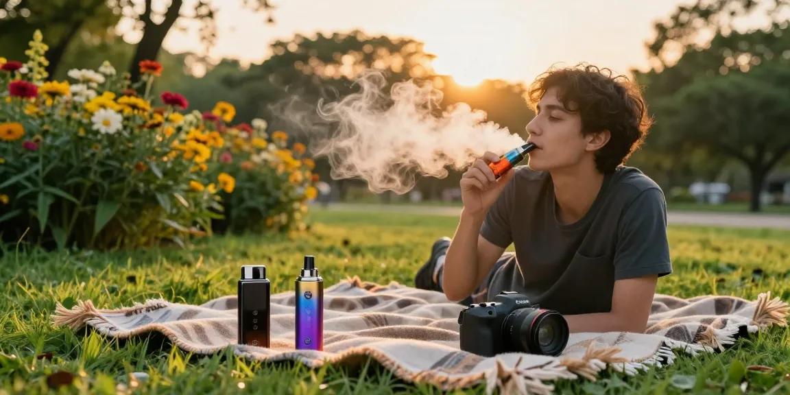 Vaping enthusiast using Elfbar Lost Mary device in a scenic park at sunset.
