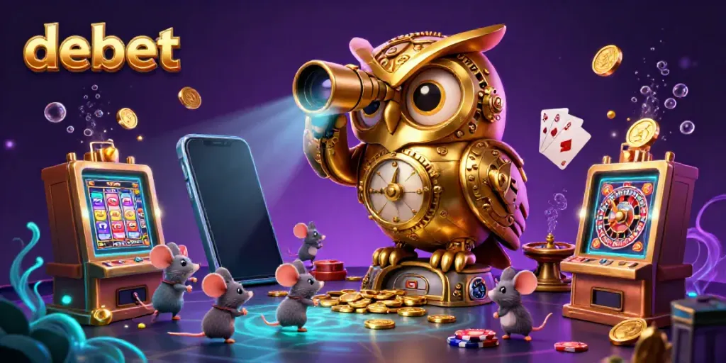 Engage in thrilling slot games with debet in a vibrant animated casino scene featuring an owl and mouse patrons.