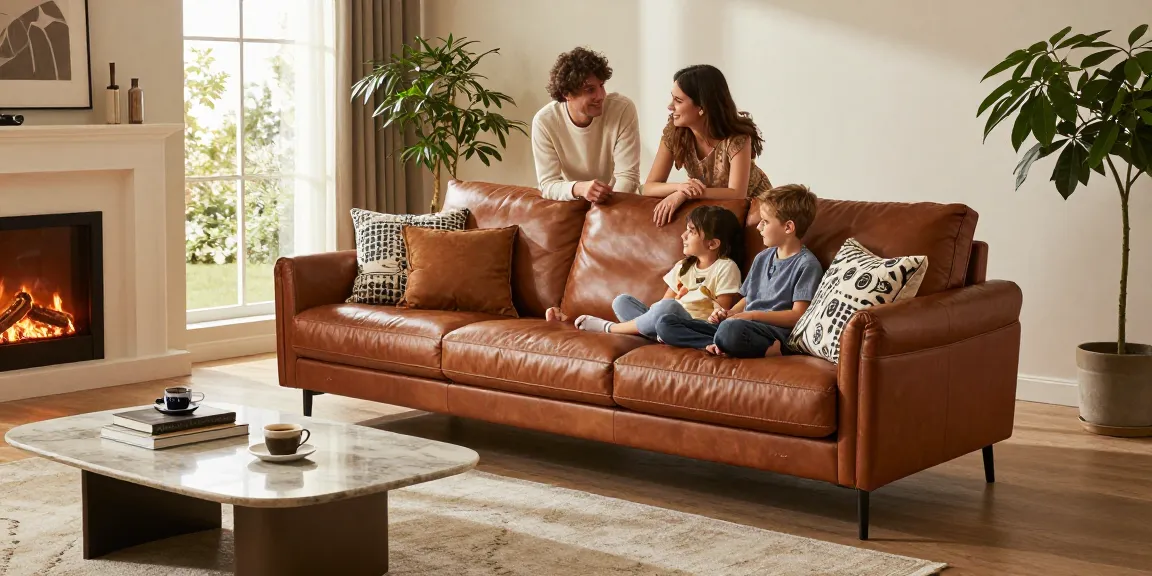 Baxter Ledersofa in einer gemütlichen Wohnzimmerumgebung, in der die Familie gemeinsam Zeit verbringt.