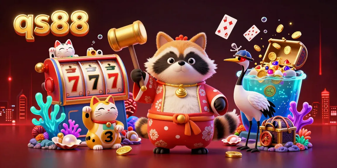 Experience thrilling casino fun at qs88 with lucky raccoon, samurai crane, and colorful cats.