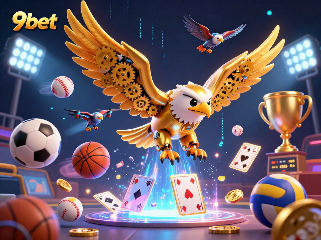 Engage with 9bet's vibrant scene featuring a cybernetic eagle amidst flying sports elements in a dynamic sports betting atmosphere.