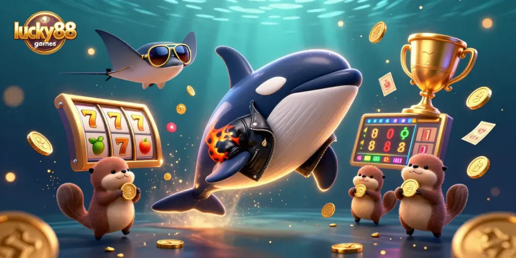 Experience thrilling fun with lucky88games featuring a dynamic underwater casino scene with animated characters and casino elements.