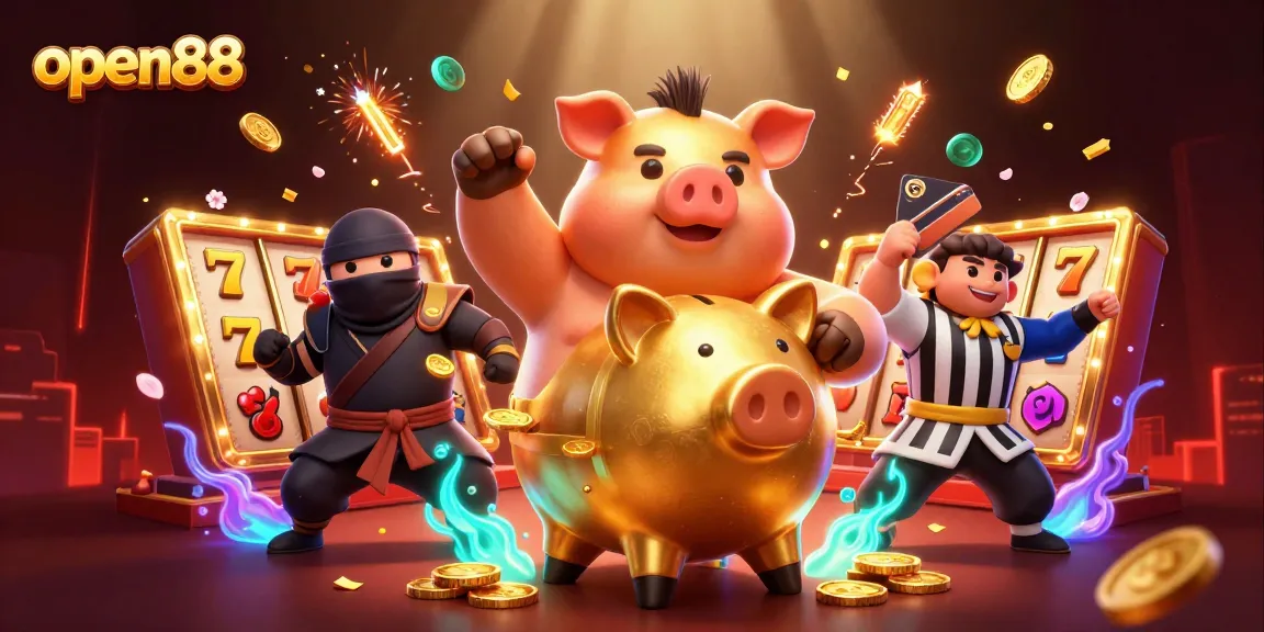 Experience thrilling gameplay with open88 as a golden piggy bank sumo wrestler triumphs in a vibrant casino scene.