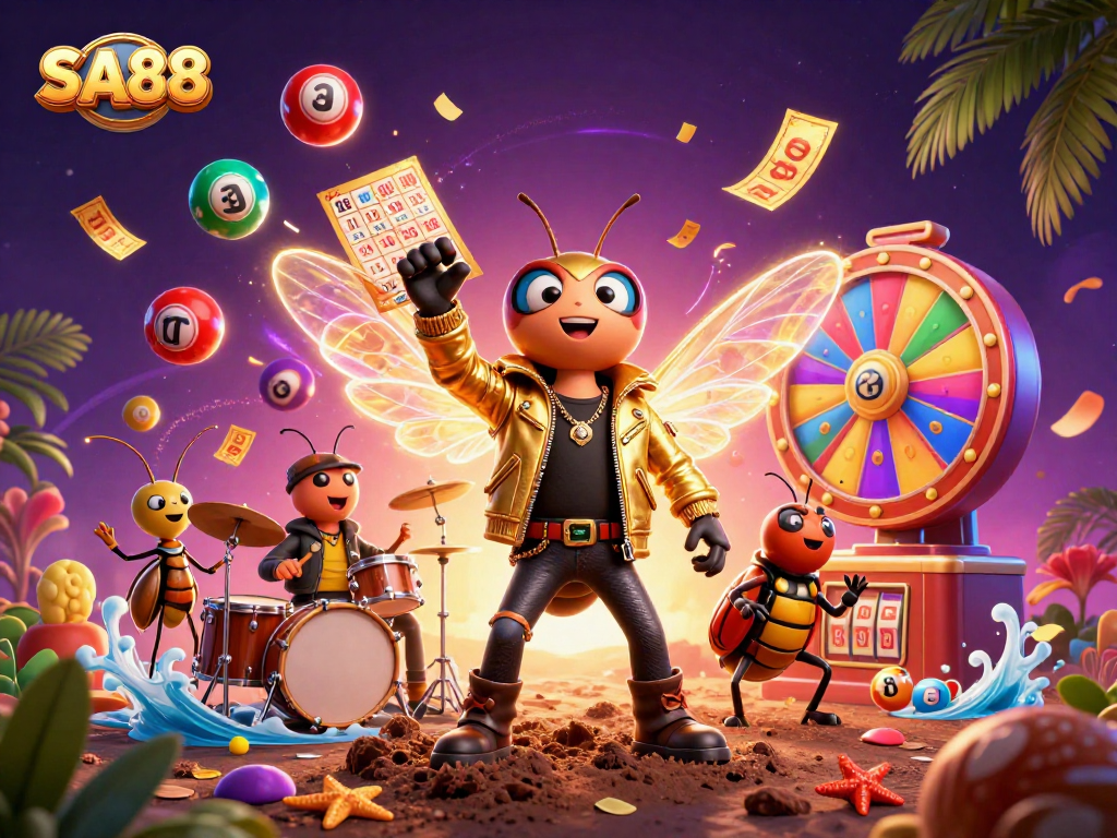 Spin jackpots and win big at SA88 with an exciting illustration featuring dynamic lottery elements and lively characters.