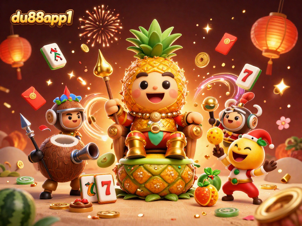 Engage with du88app1's vibrant beach casino scene featuring a golden pineapple king and dynamic slot elements.