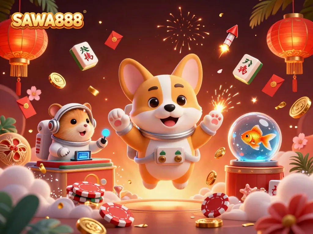 SAWA888: A vibrant casino scene with an astronaut corgi and festive decorations floating near golden coins.