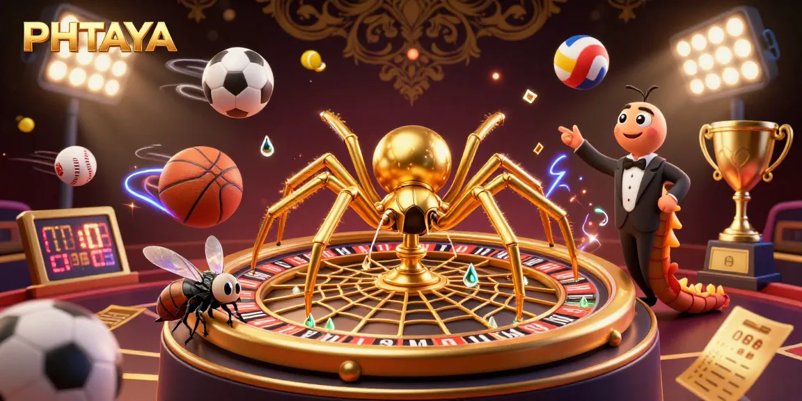 PHTAYA brings excitement to sports betting with a dynamic scene featuring a golden spider spinning a roulette web.