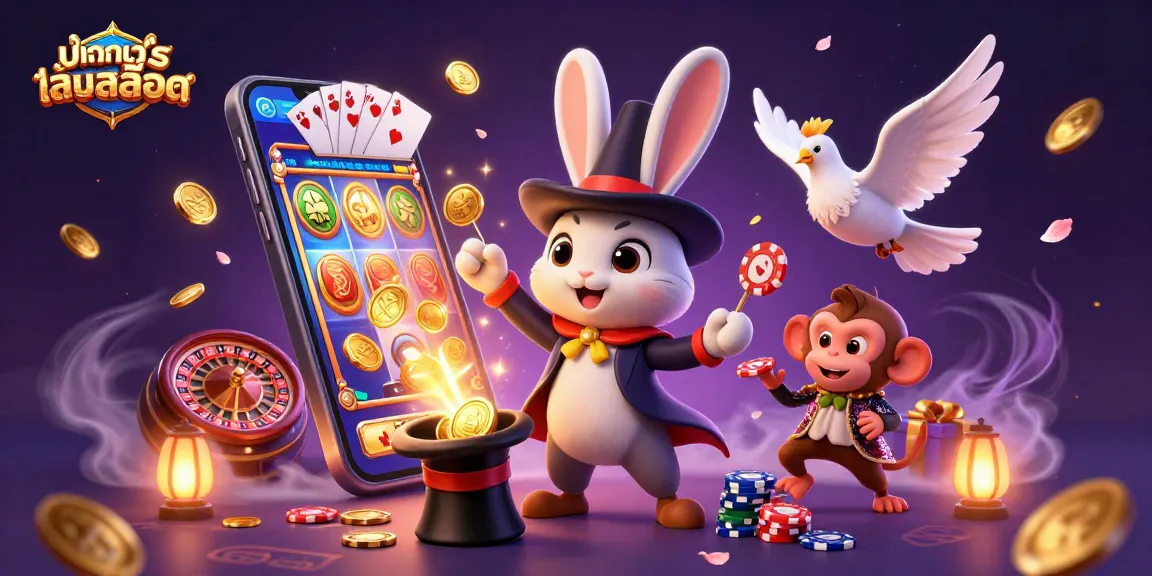 Experience ทดลองเล่นสล็อต with a magical 3D scene of a rabbit, dove, and monkey among vibrant casino elements.