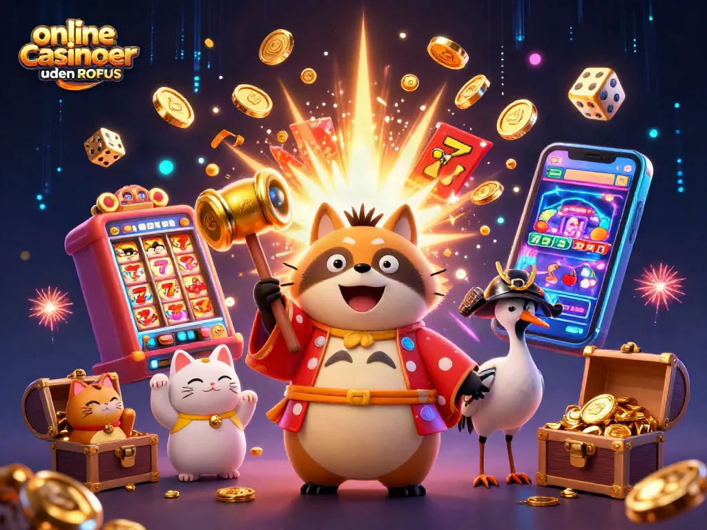 Experience the excitement of online casinoer uden ROFUS with cheerful characters and vibrant casino elements.