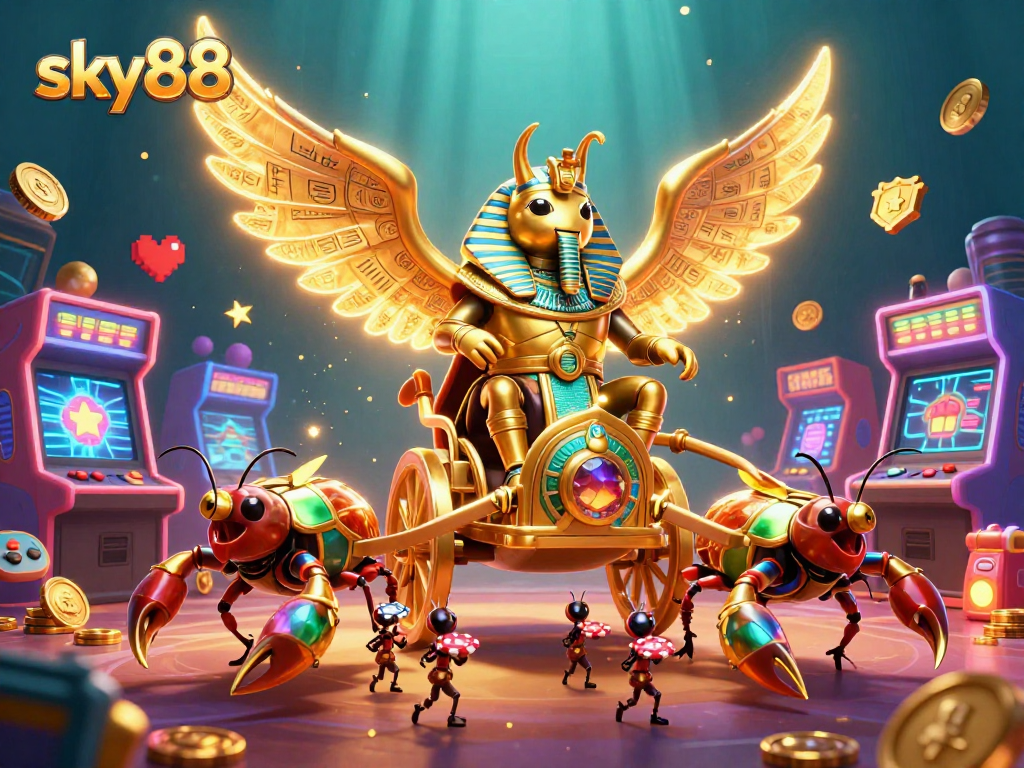 Engage with sky88's spectacular casino adventure featuring a golden scarab beetle and treasures.