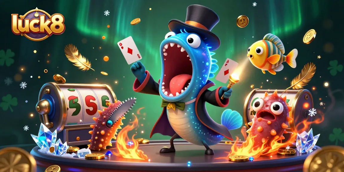 luck8 highlights gambling thrill with a comedic scene featuring a gulper eel magician, anglerfish spotlighting, and a sea cucumber act.