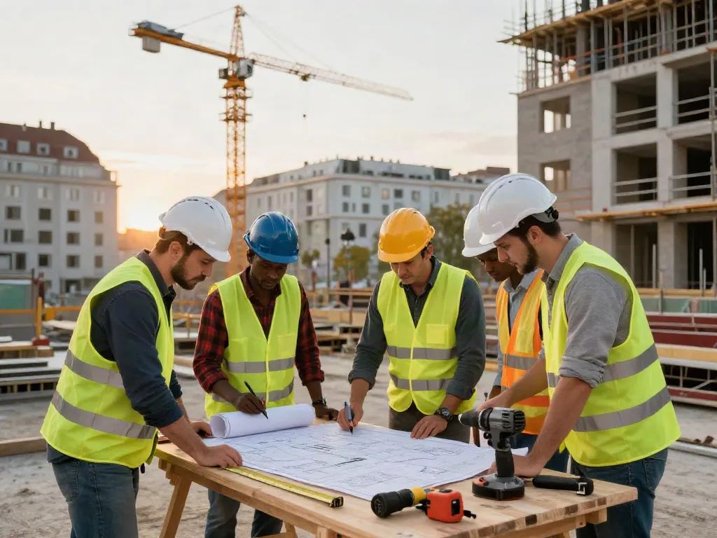 Bauunternehmen Wien bei der Arbeit an einem Bauprojekt in der Abenddämmerung.