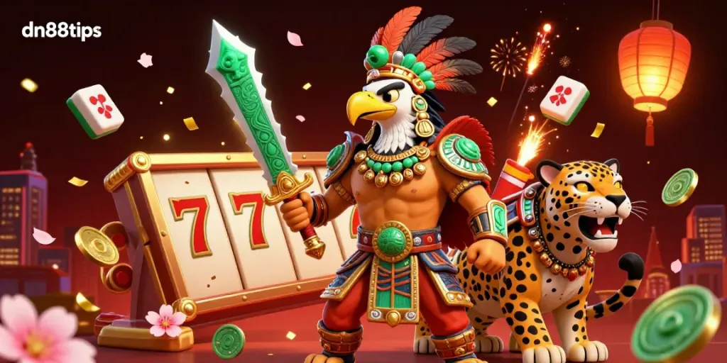 Spin and win with dn88tips: A vibrant casino scene featuring an Aztec warrior, slot reels, and festive fireworks.