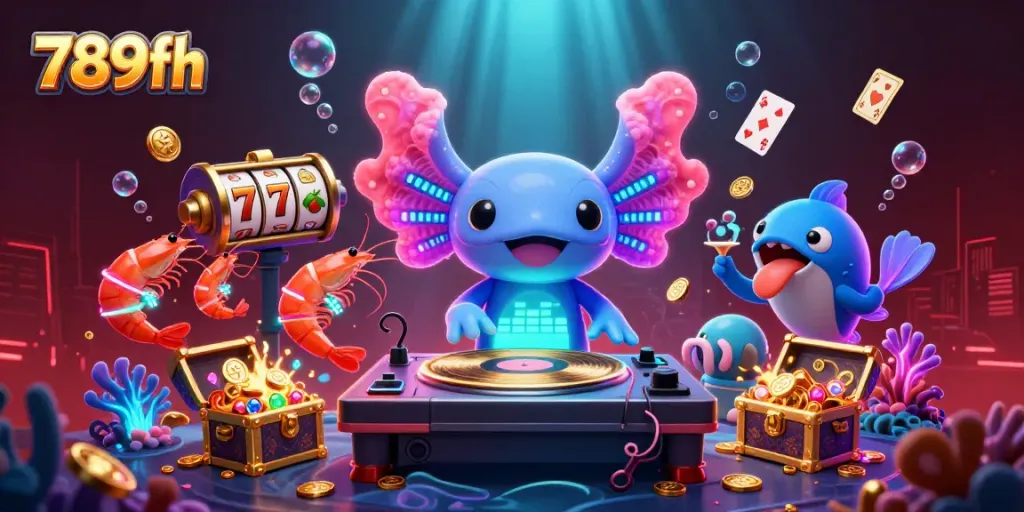 Experience thrilling gameplay with 789fh's vibrant axolotl DJ spinning slots and coins in a dynamic casino scene.