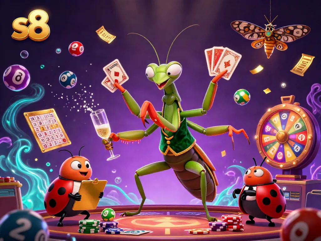 Experience the vibrant lottery excitement with s8 and dynamic characters in a lively casino scene.