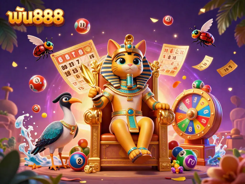 Experience the thrill of gambling with ฟัน888 in a vibrant 3D casino scene featuring dynamic lottery elements.