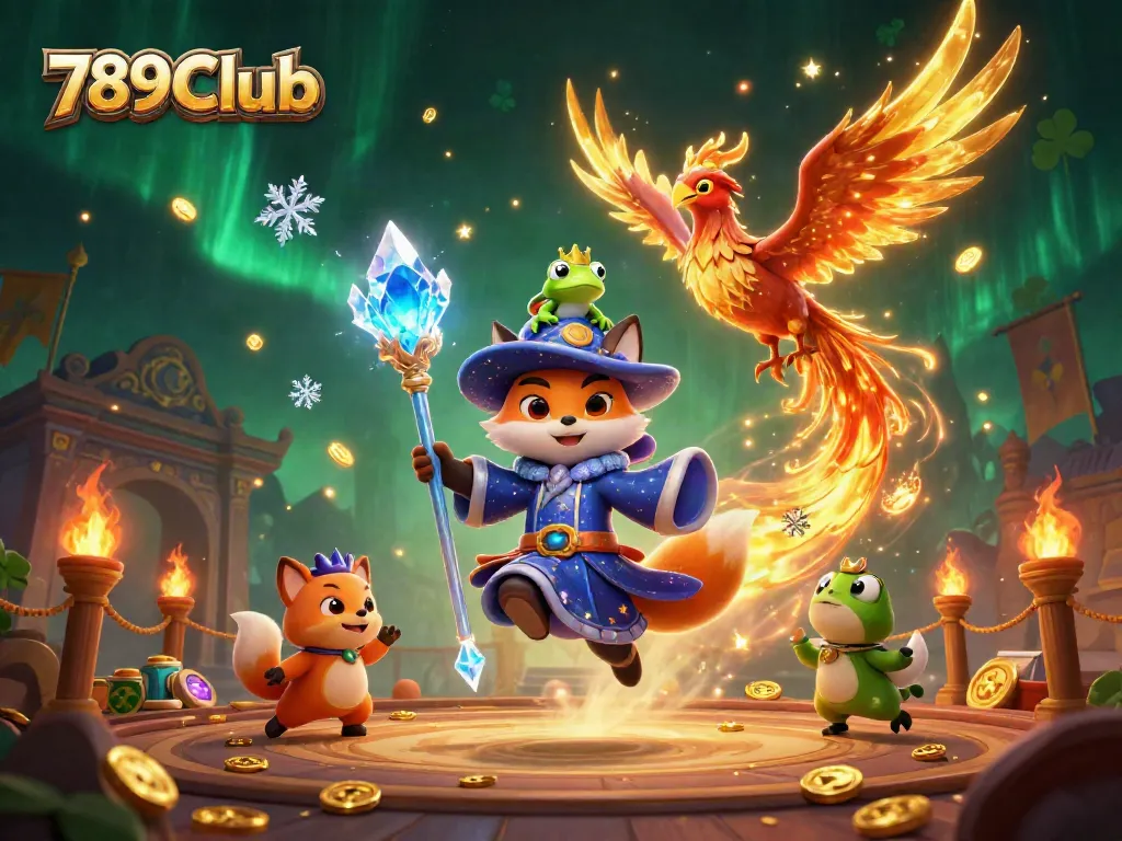 Engage with thrilling games at 789Club, featuring a wizard fox, phoenix, and dynamic casino elements.