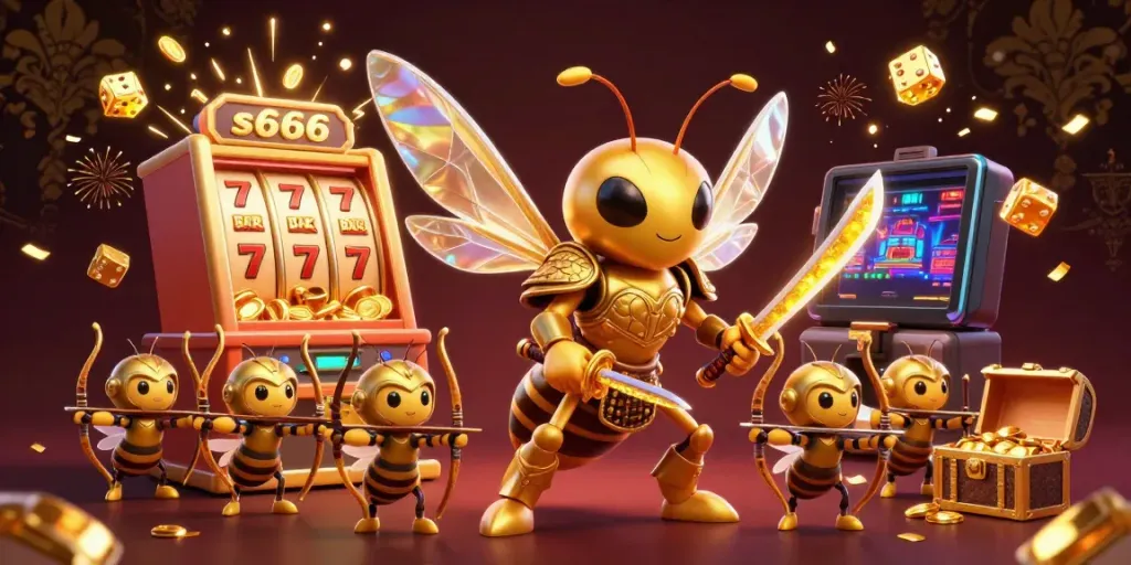 Experience the excitement of s666 with an energetic casino scene featuring a golden hornet and gaming elements.