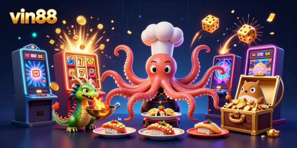 Experience the thrill of vin88 with dynamic characters celebrating casino wins amid golden treasures and jackpots.