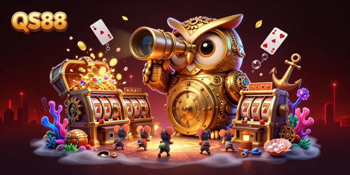 Experience the excitement of QS88 with a clockwork owl surveying a vibrant casino scene.
