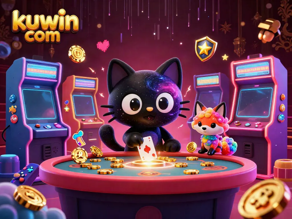 Engage in thrilling games at kuwin com's cosmic casino with vibrant characters and arcade elements.