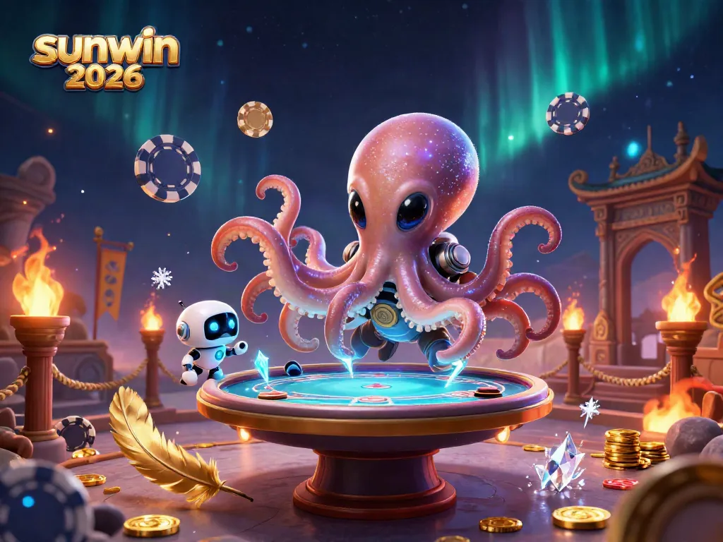 Experience thrilling poker with sunwin 2026 as an alien octopus manages a holographic game.