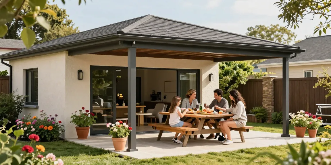 Freistehende Terrassenüberdachung mit Familie im Garten genießt die Sonne.