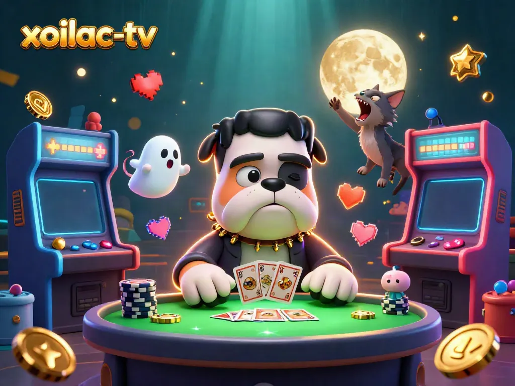 Xoilac-TV showcases a lively 3D cartoon scene with characters and vibrant gaming elements, inviting players to enjoy exciting gambling.