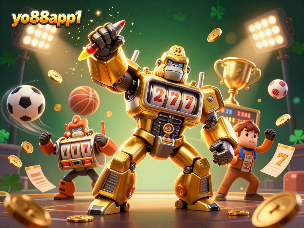 Engage with yo88app1 through a vibrant 3D casino illustration featuring a golden gorilla mech and dynamic sports elements.