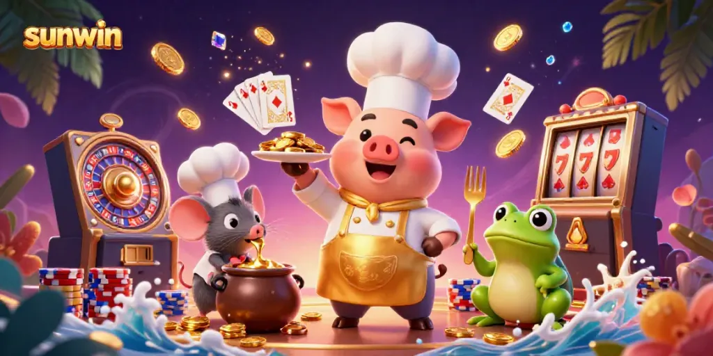 Experience the excitement of sunwin with gold coins, roulette, and colorful chips in a vibrant casino scene.