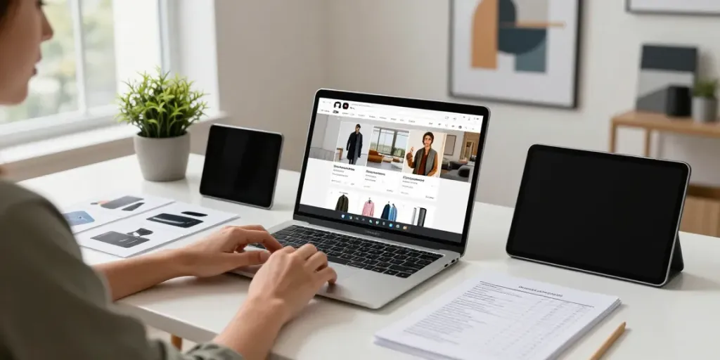 Person exploring diverse Produkte in a stylish e-commerce workspace.