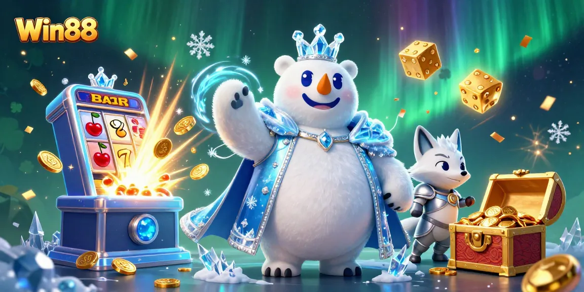Spin to win at Win88 with a thrilling 3D casino scene showcasing slots, bears, and winning spirits.